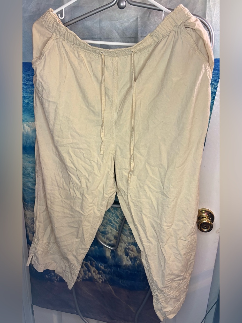 Beige Cotton Casual Comfy Adjustable Drawstring Loose Pants